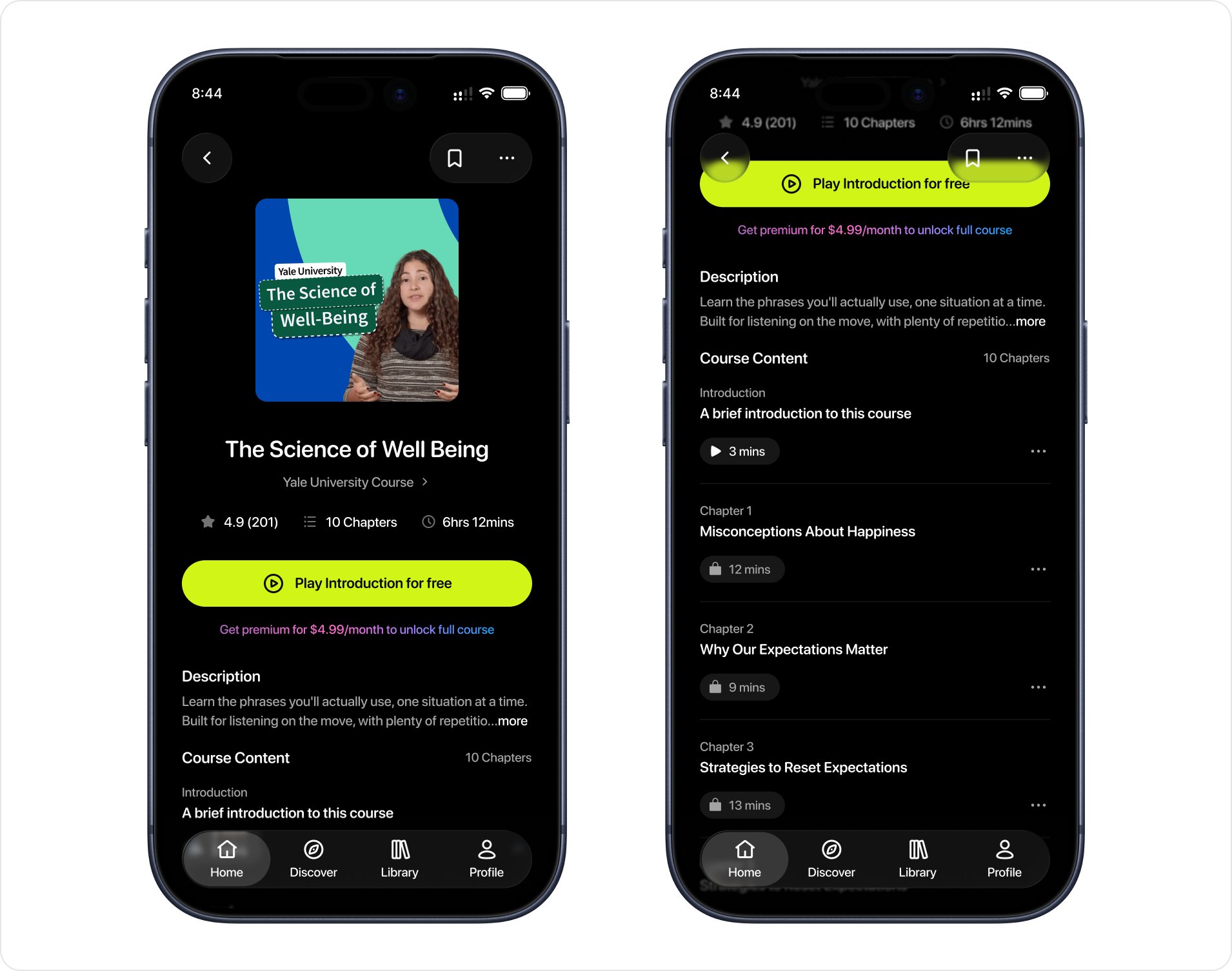 Two Eduu course screens for a non-subscriber: 'Play Introduction for free' as the main button, the $4.99/month premium link beneath it, and locked chapters