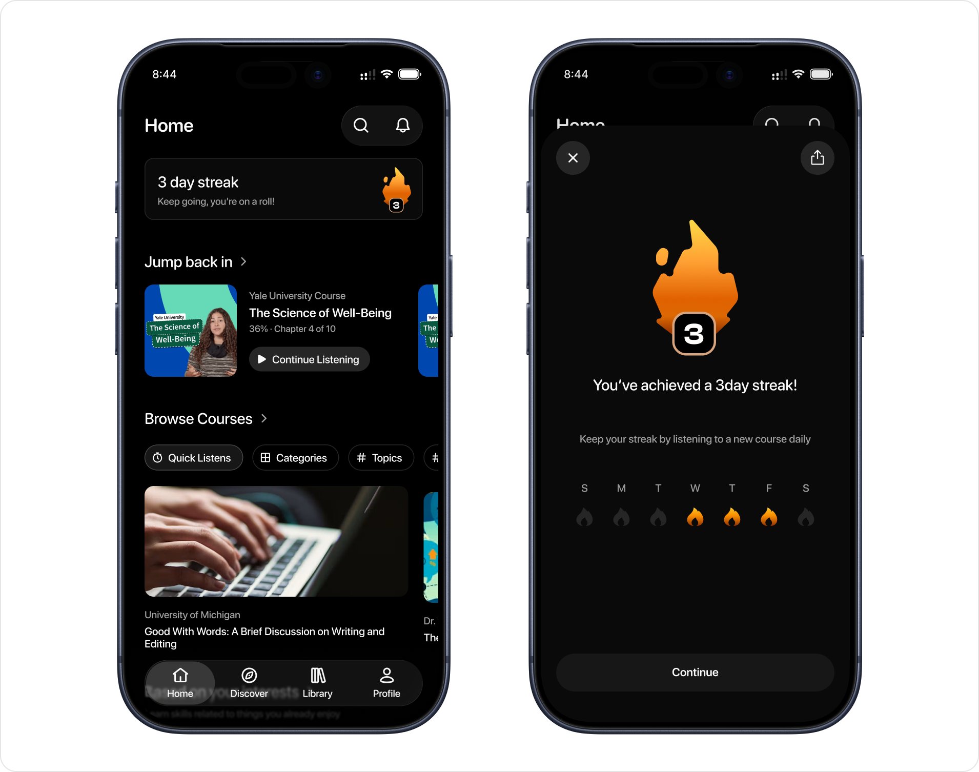 Two Eduu screens: the home screen with a '3 day streak' card, and the full-screen streak sheet with a flame badge and the week's listening days